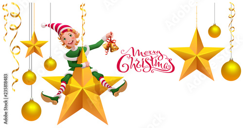 Merry Christmas text greeting card. Green elf leprechaun on star holding Christmas bell
