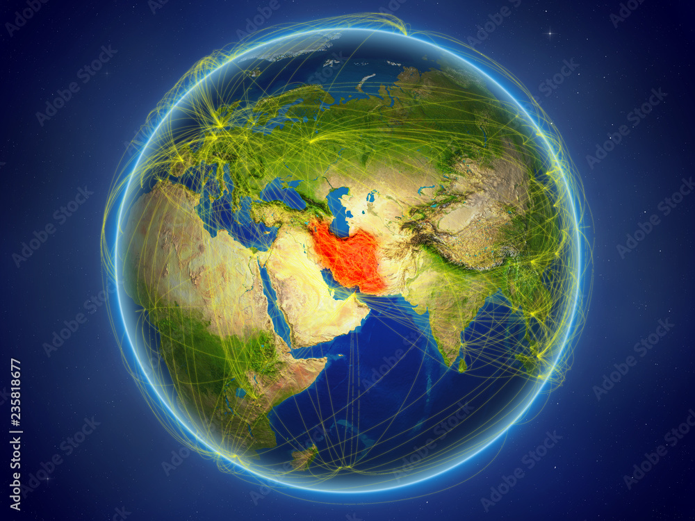 Iran from space on planet Earth with digital network representing international communication, technology and travel.