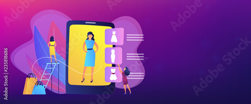 Shopper trying on clothes size and style in virual fitting room on tablet. Virtual fitting room, online dressing, e-commerce clothing room concept. Header or footer banner template with copy space.