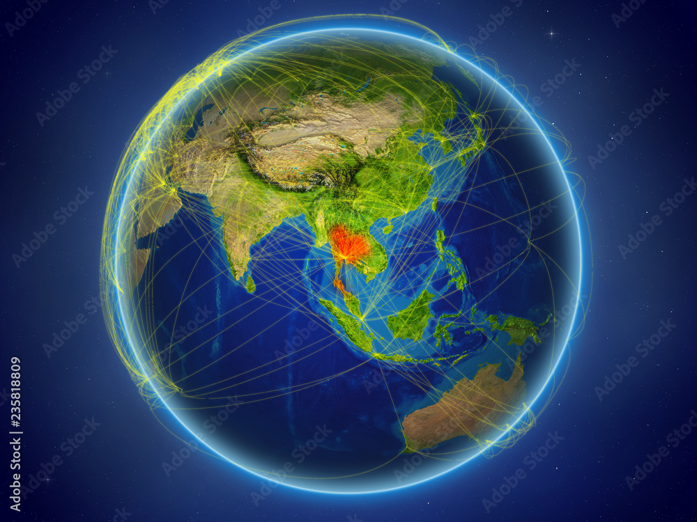 Thailand from space on planet Earth with digital network representing international communication, technology and travel. Thailand from space on planet Earth with digital network representing international communication, technology and travel.