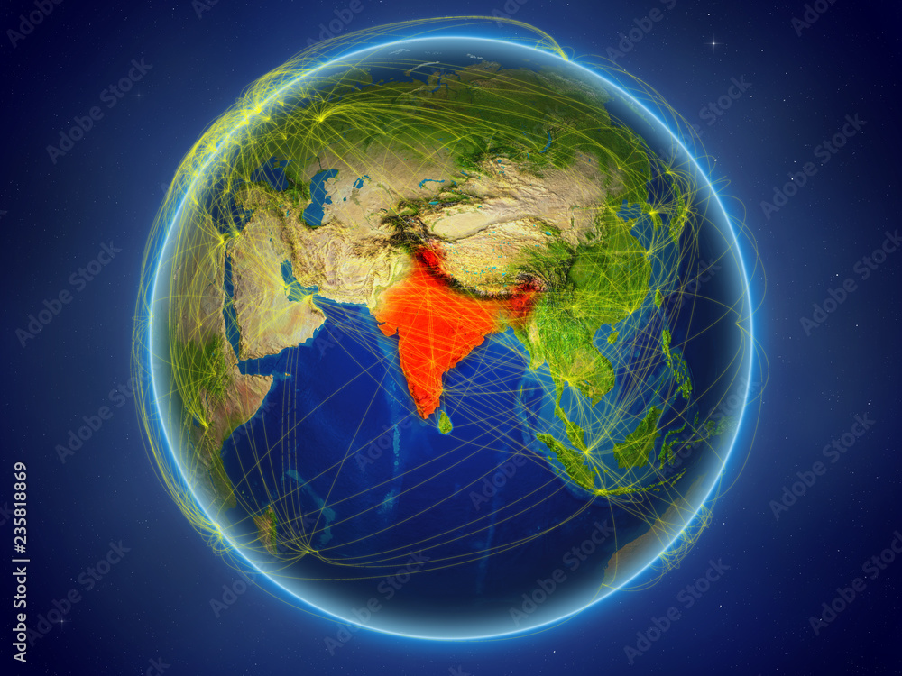 India from space on planet Earth with digital network representing international communication, technology and travel.