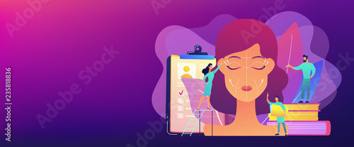Plastic surgeons working on facelift surgery for woman face with wrinkles. Face lifting, rhytidectomy procedure, facelift surgery concept. Header or footer banner template with copy space.