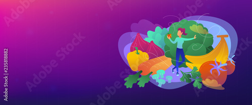 Tablet with bookshelves and students searching and reading information. Digital learning, online database, content storing and searching, ebooks concept, violet palette. Header or footer banner.