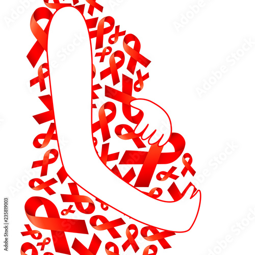 pregnant woman, filled with red ribbon. World aids day concept. Vector illustration isolated on white background.