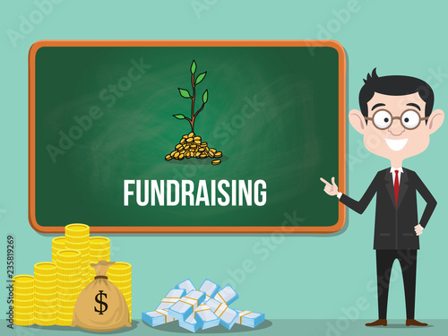 fundraising business concept with business man standing with a lot of money for fund vector