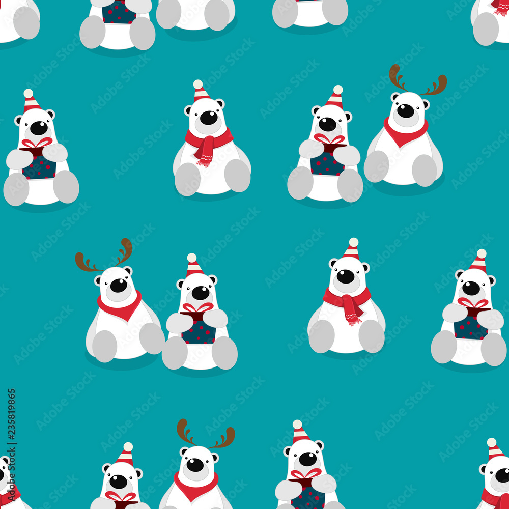 Seamless pattern, vector illustration of cute bear cartoon character sitting, wearing red scarf and hat on green background. Seamless pattern, vector illustration of cute bear cartoon character sitting, wearing red scarf and hat on green background.
