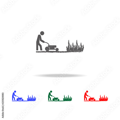 man works with a lawn mower icon. Elements of garden in multi colored icons. Premium quality graphic design icon. Simple icon for websites, web design, mobile app, info graphics