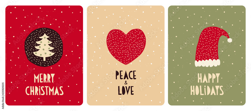 Set of 3 Cute Christmas Vector Card. Christmas Tree with Green Stars, Red Heart and Santa Hat. Hand Written Merry Christmas, Peace and Love, Happy Holidays. Red, Beige and Green Backgrounds.  - obrazy, fototapety, plakaty 