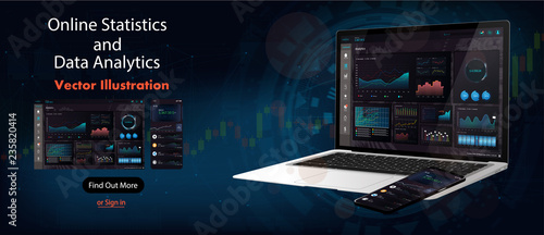 Online statistics and data Analytics. Isometric vector illustration. Digital money market, investment, finance and trading. Dashboard infographic template, with statistics graphs and finance charts
