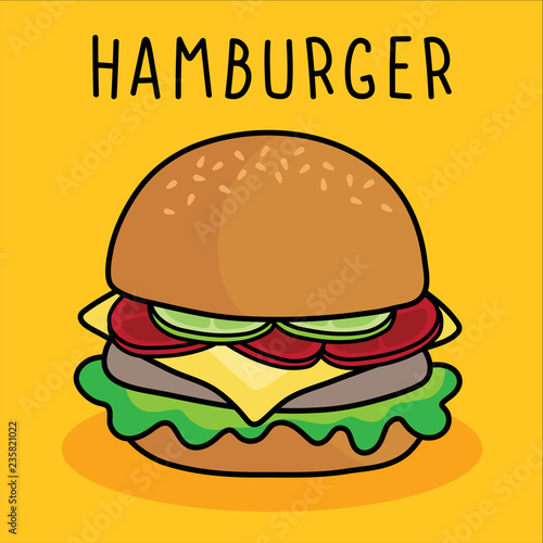 vector cartoon hamburger   cheese and vegetable on yellow background.