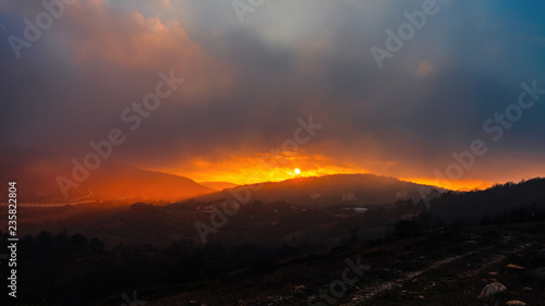 Amazing beautiful and colorful sunset in the mountains