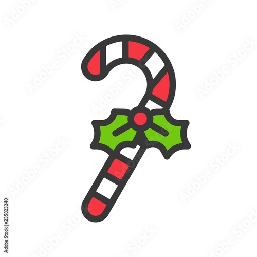 candy cane with mistletoe icon, christmas sweets. editable outline