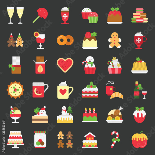 christmas and winter food icon set 1 such as wine,strawberry fondue, christmas cake decoration with mistletoe