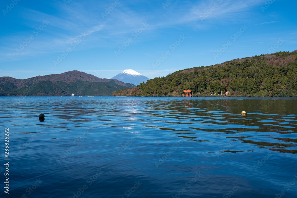 Mountain Fuji and Lake Ashi with Hakone temple and sightseeing boat in autumn