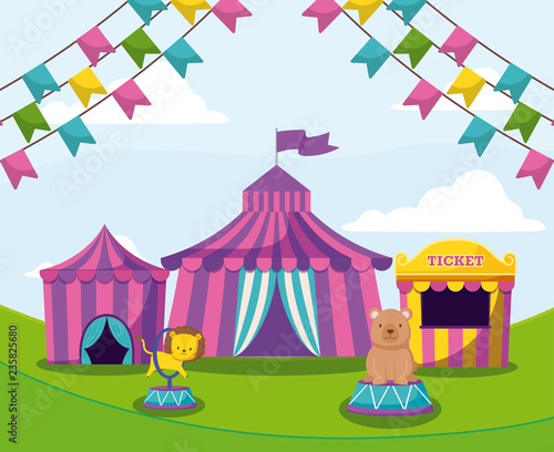 circus tent with garlands and cute animals