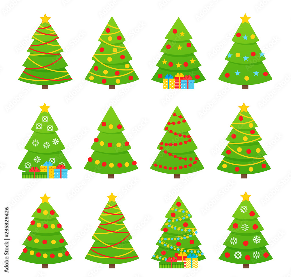 Christmas tree. Vector. Tree icon in flat design. Xmas cartoon background. Set merry spruce firs. Winter illustration isolated on white. Computer graghic. Collection pines with garland, star, balls.