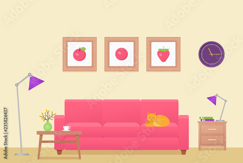 Room interior. Vector. Living room. Lounge with furniture. Home background in flat design. Cartoon house equipment in modern apartment. Colorful animated illustration parlor with pink sofa and table.