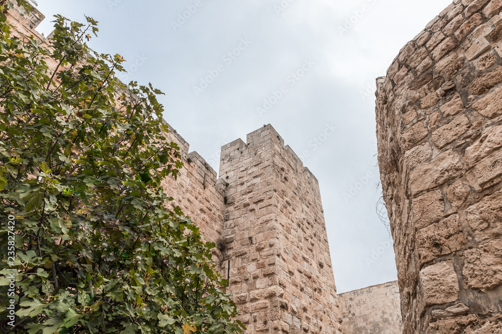 Fragment  of the city walls near the Jaffa Gate in old city of Jerusalem, Israel