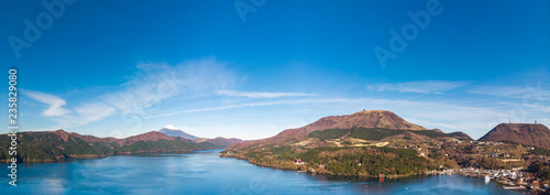 Mount Fuji and Lake Ashi.The shooting location is Lake Ashi, Kanagawa Prefecture Japan.View from drone.-aerial photo.