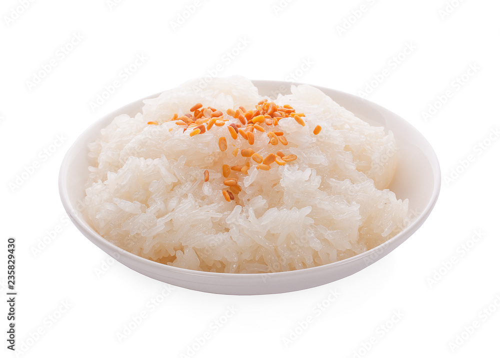 Thai style tropical dessert, glutinous rice eat with mangoes