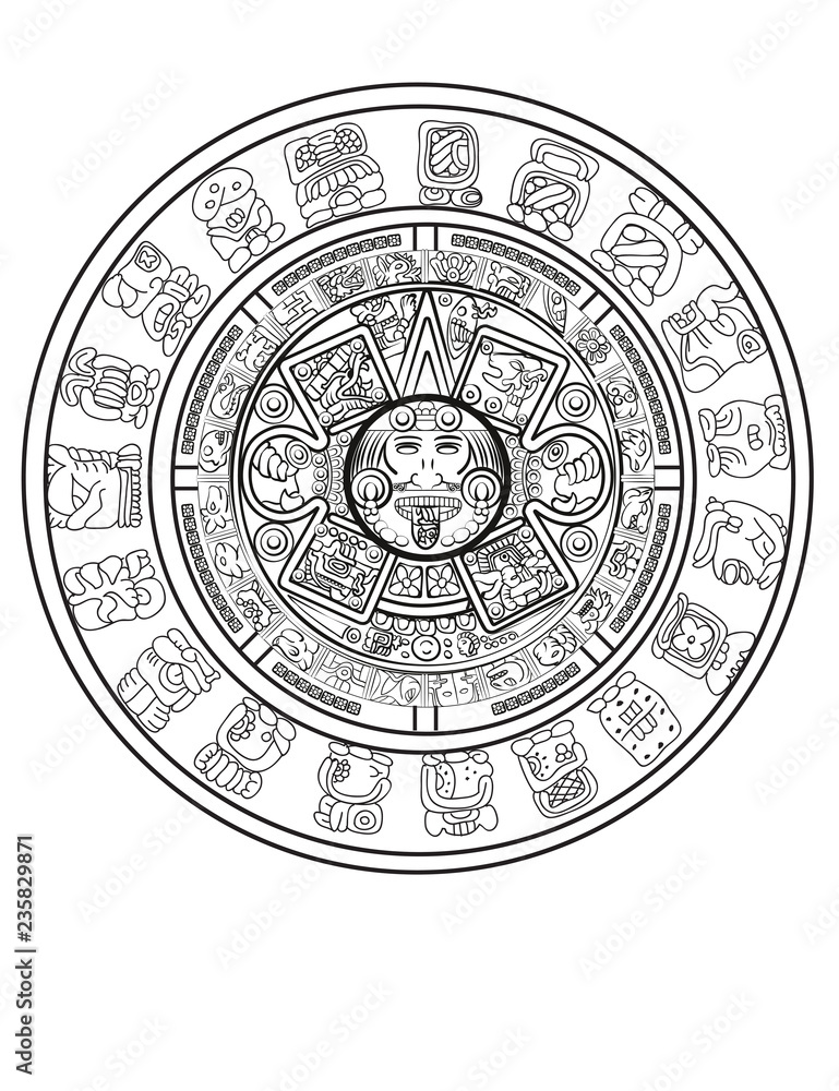 Maya calendar of Mayan or Aztec vector hieroglyph signs and symbols