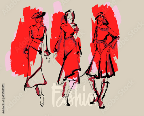 Sketch. Fashion Girls on a white background. Vector illustration
