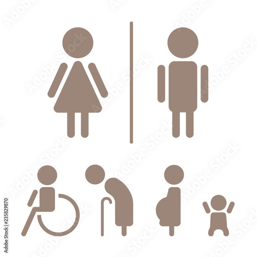 modern toilet signage has man, woman, baby, old people and disabled on white background