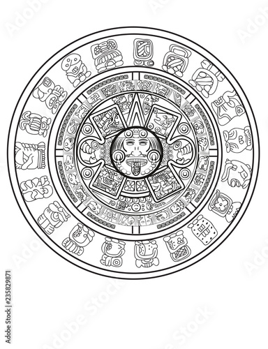 Maya calendar of Mayan or Aztec vector hieroglyph signs and symbols