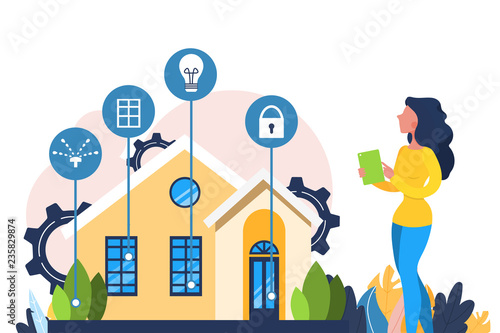 Smart House. A person manages the system at home through a tablet or other gadget. The concept of a unified smart home control system.