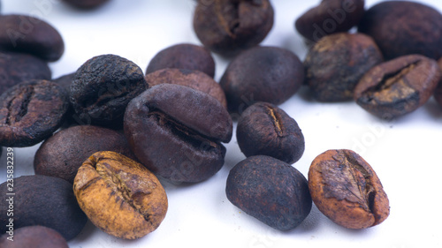 Coffee beans closeup with selective focus and crop fragment