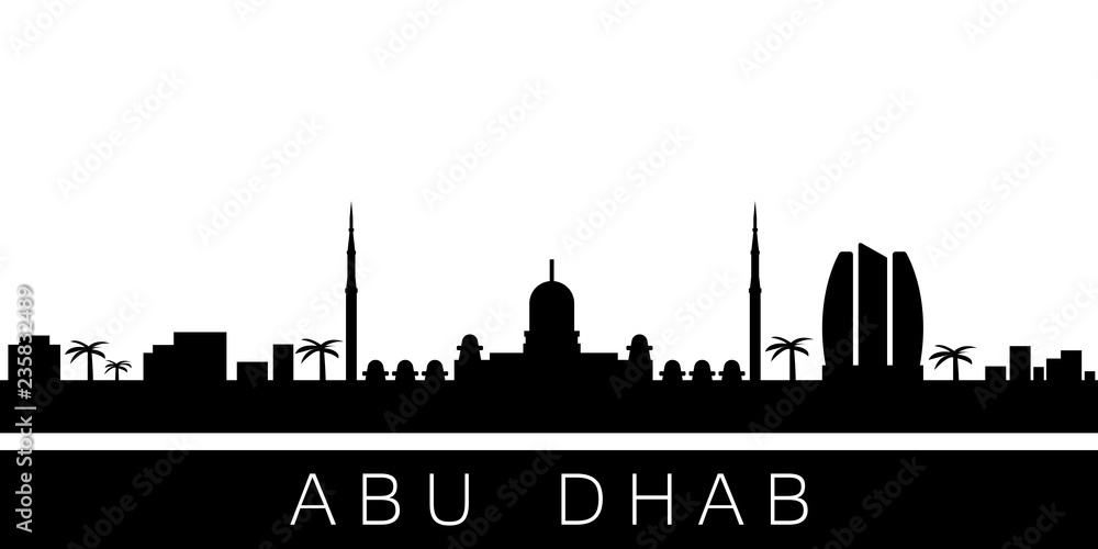 Abu Dhabi detailed skyline. Vector postcard illustration