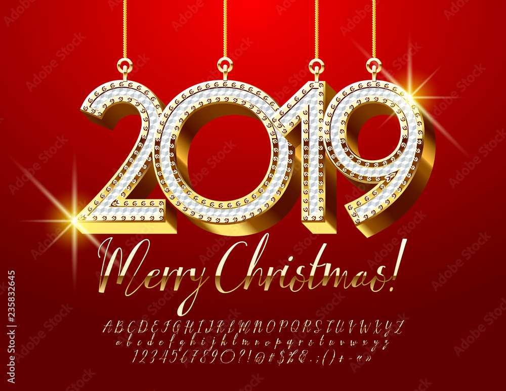 Vector Greeting Card for Happy New Year with chic Brilliant Toys 2019. Golden stylish Font.