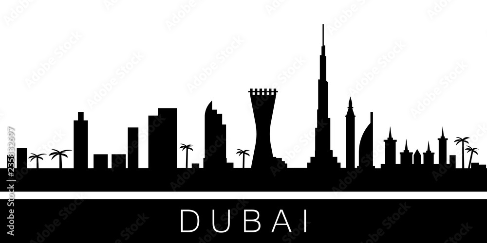 Dubai detailed skyline. Vector postcard illustration
