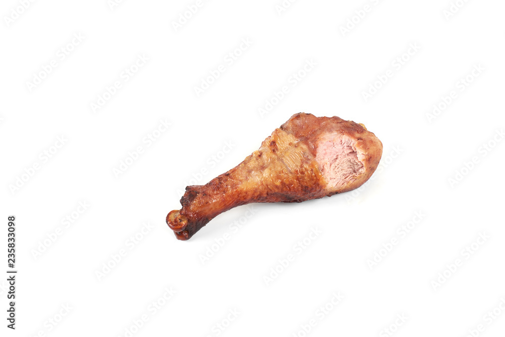 roasted chicken leg with bite taken, isolated on white background. roasted chicken leg with bite taken, isolated on white background.