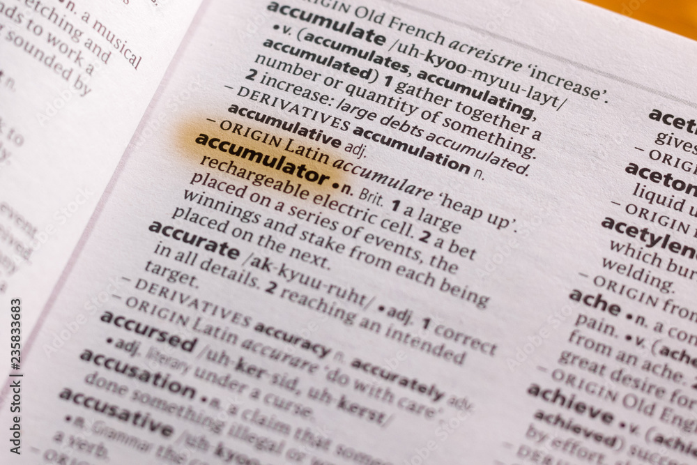 The word or phrase Accumulator in a dictionary. The word or phrase Accumulator in a dictionary.