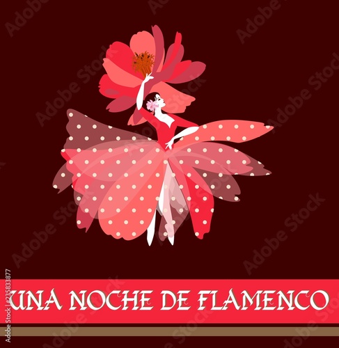 Spanish ballerina in red dress with white polka dots and hat in the shape of flower, dancing traditional folk dance. Night of Flamenco (text in Spanish). Invitation card, concert poster