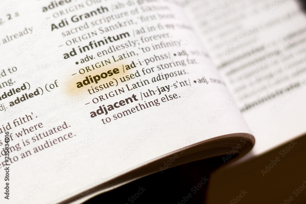 The word or phrase Adipose in a dictionary. The word or phrase Adipose in a dictionary.
