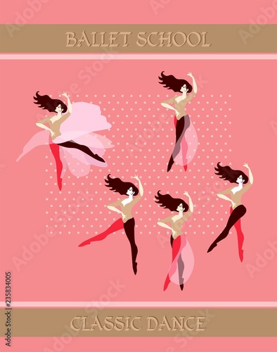 Flyer template. Beautiful young ballerinas practice at a ballet school. Vector illustration. Art deco style.