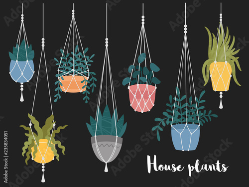Set of macrame hanging plants in pots. Hangers with potted indoor garden flowers. Handmade home decorations. Hand drawn cartoon, Scandinavian Hygge style. Vector illustration on dark background