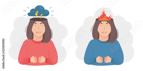 Inside woman’s head concept. Anger aggression metaphor. Thunderstorm, dark cloud and lightning or burning fire instead of brain. Negative mood and bad temper. Vector illustration isolated on white