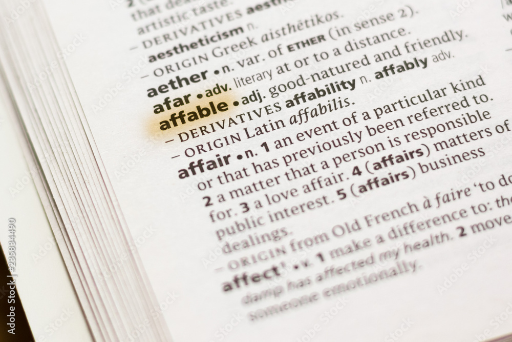 The word or phrase Affable in a dictionary. The word or phrase Affable in a dictionary.