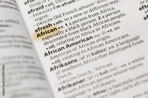 The word or phrase African in a dictionary.