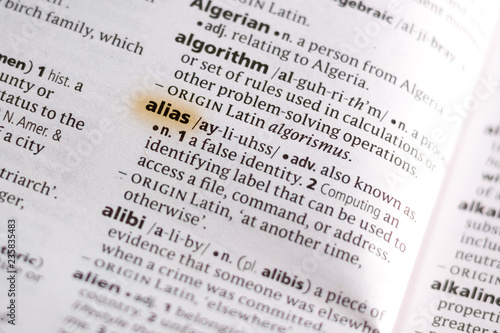 The word or phrase Alias in a dictionary. photo