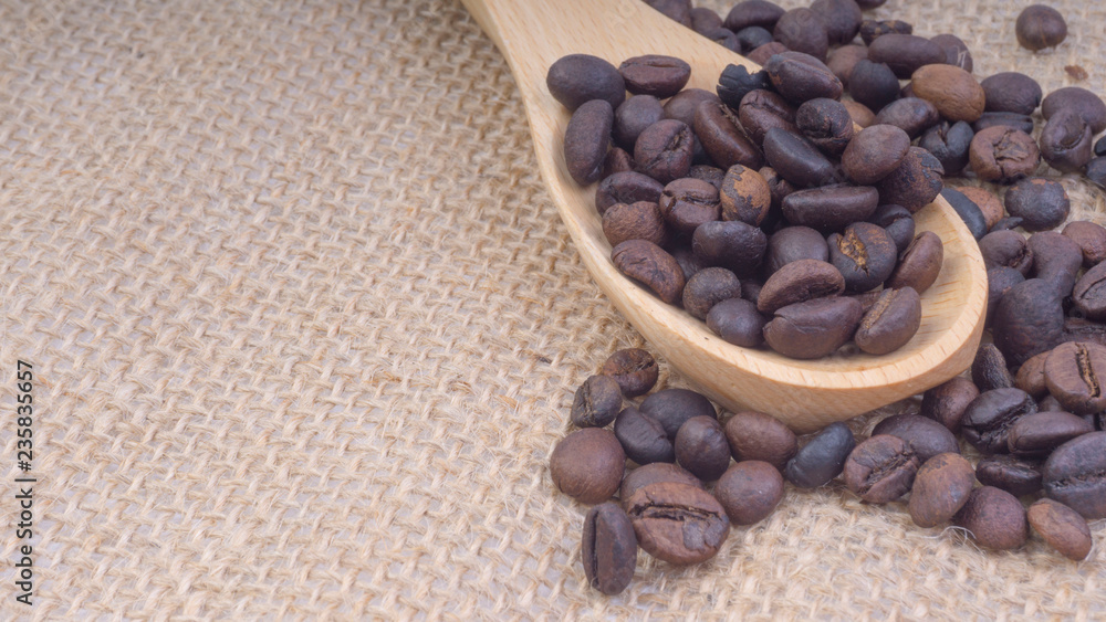 Fototapeta premium Coffee beans closeup with selective focus and crop fragment