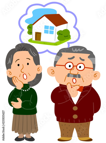 住宅について悩む中高年の夫婦　相談　全身
