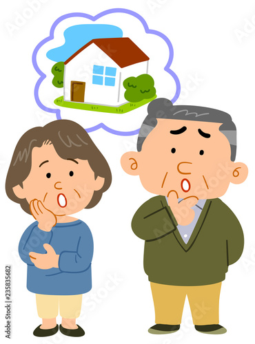 住宅について悩む中高年の夫婦　相談　全身
