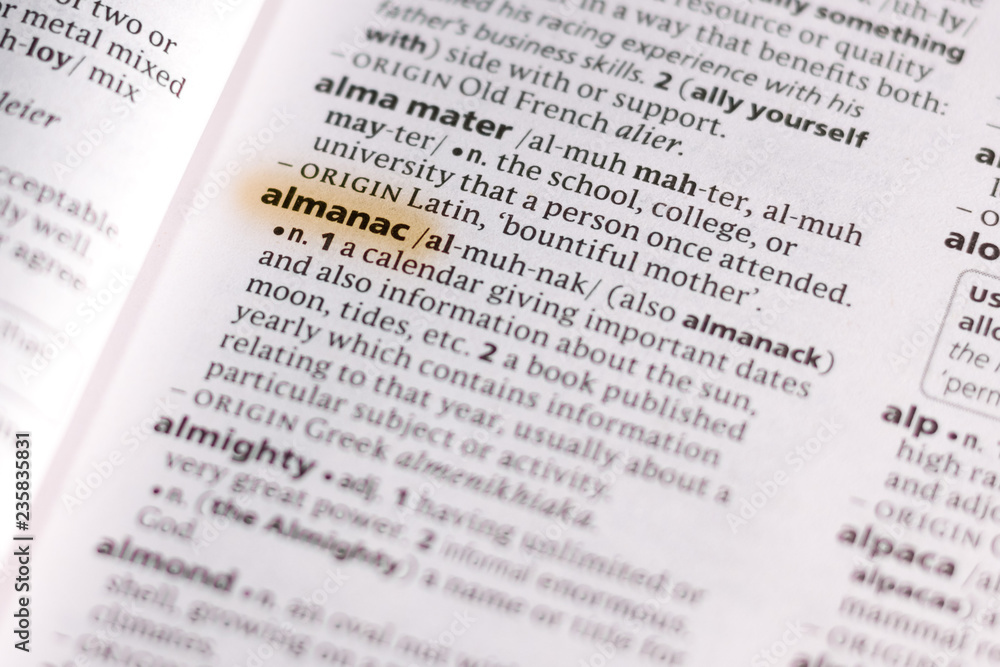 The word or phrase Almanac in a dictionary. The word or phrase Almanac in a dictionary.