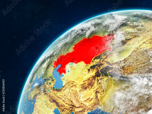Kazakhstan on realistic model of planet Earth with country borders and very detailed planet surface and clouds.