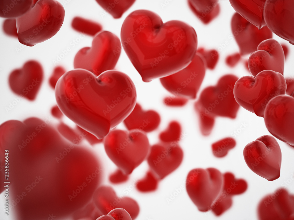 Falling hearts background with DOF effect. 3D illustration