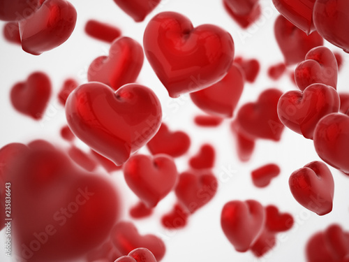 Falling hearts background with DOF effect. 3D illustration